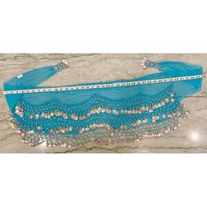 Belly dancer wrap. Turquoise chiffon, silver tone details. 60" total length